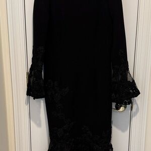 Teri Jon Black Long Sleeve Dress with Lace Accents